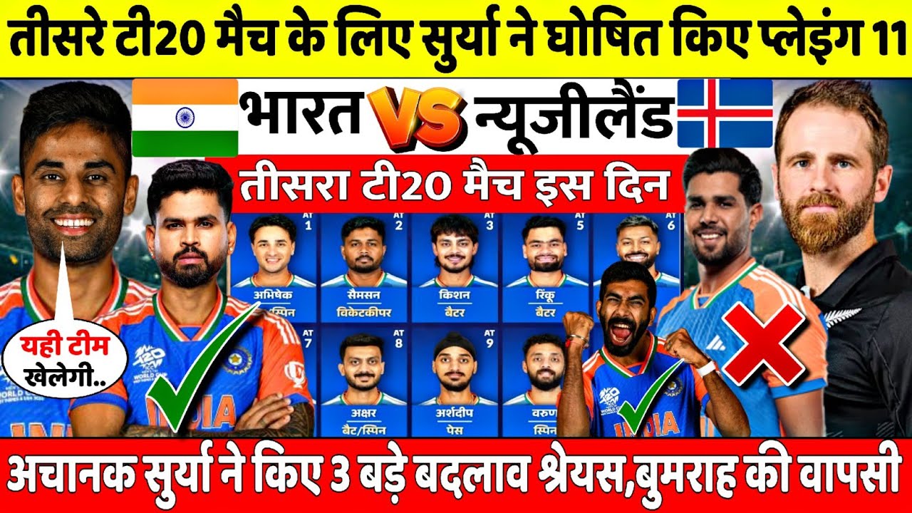 IND VS NZ 3RD T20 MATCH | तीसरा टी20 जीतने के लिए सुर्या-गंभीर ने घोषित किए प्लेइंग 11 | किए 3 बदलाव