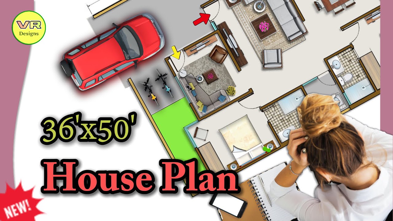 36'&times;50' house plan with car parking, 2 bhk with hall & drawing, open wash & patio area, #houseplan