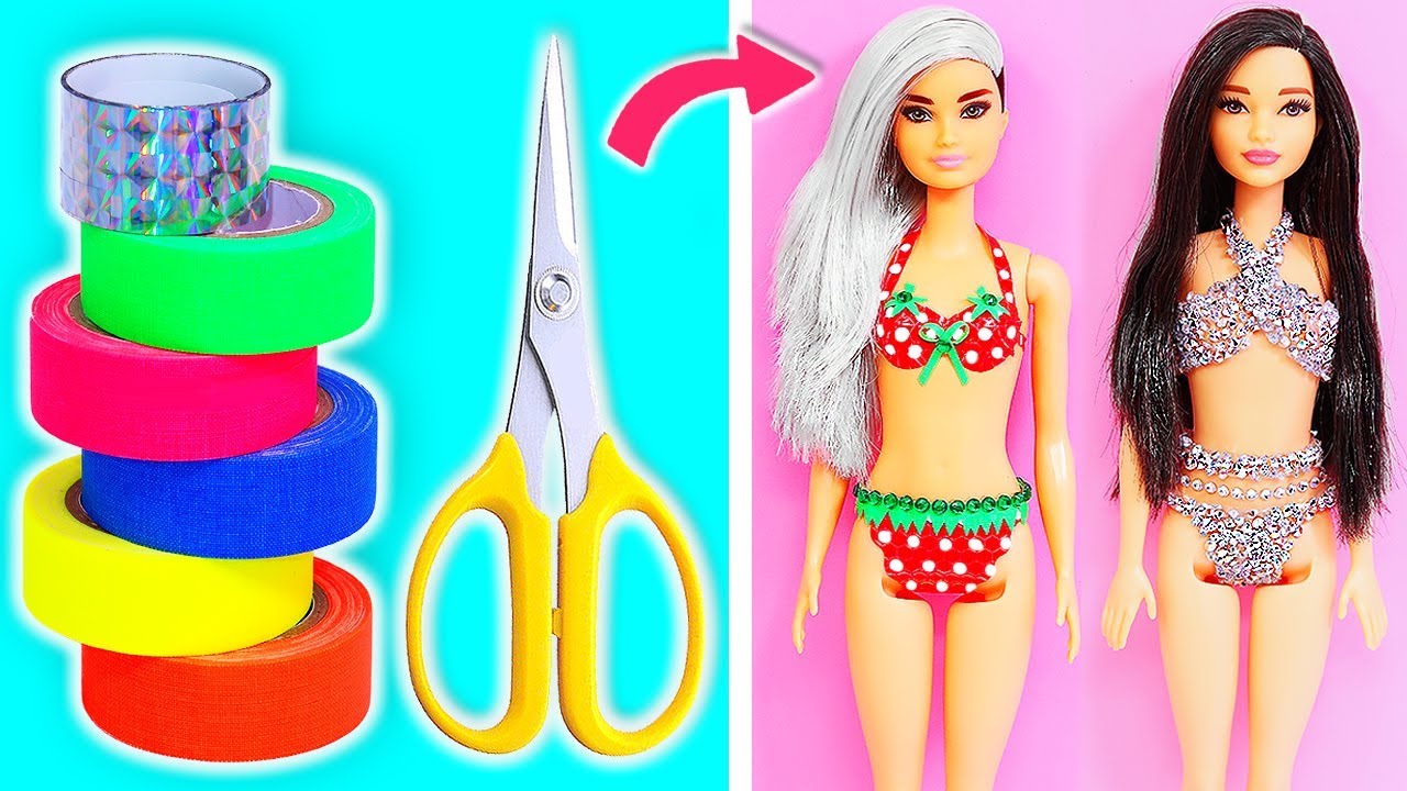 DIY Barbie Bikinis and Swimsuits ONLY with WASHI TAPE No Sew Clothes for Barbies || DOLL HACKS