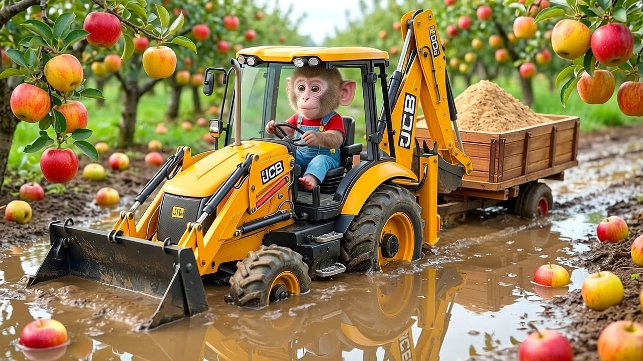 Monkey Nana the JCB Tractor Excavator and the Unexpected Road Repair After the Big Rain MONKEY LIFE