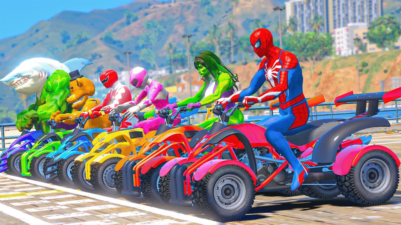 SpiderMan, SheHulk, Hulk Shark, FNAF & Superheroes Street Blazer Racing EVENT Challenge 