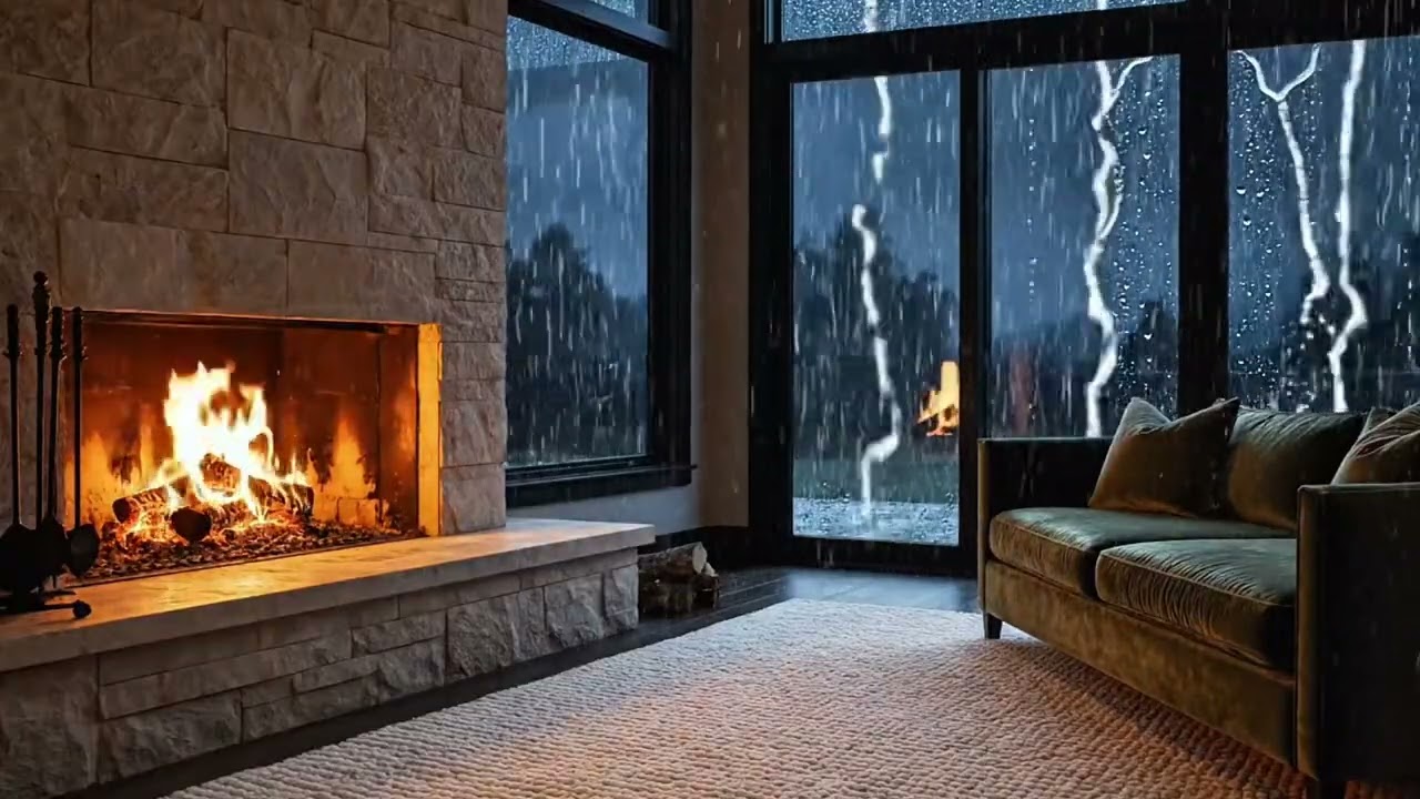 Winter Fireplace Ambience with Rain Sounds | 30 Minutes of Cozy Relaxation (No Copyright)