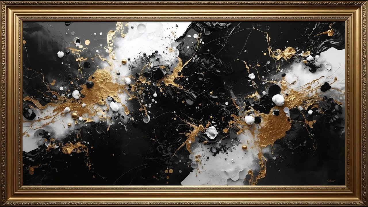 4K Elegant Modern Abstract Art for Home Decor | Gold Leaf & Black Texture