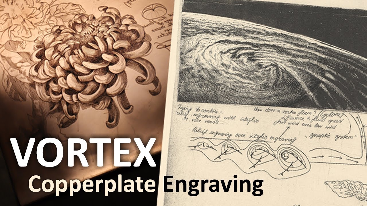 Vortex - Copperplate Engraving Print with Cyclone and Chrysanthemum by printmaker Reinis Gailitis