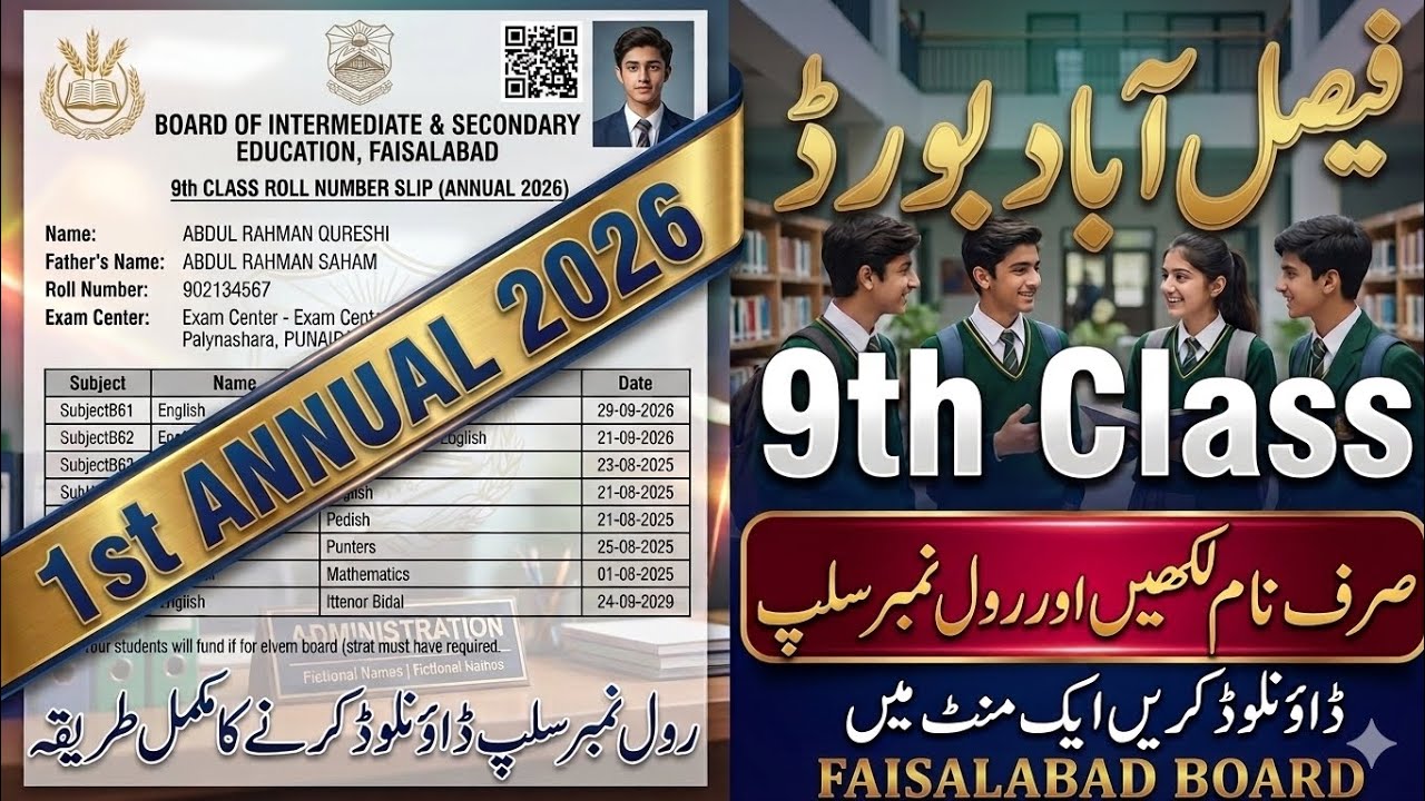 Faisalabad Board 9th Class Roll Number Slip 2026 | Download by Name | 1 Minute Method