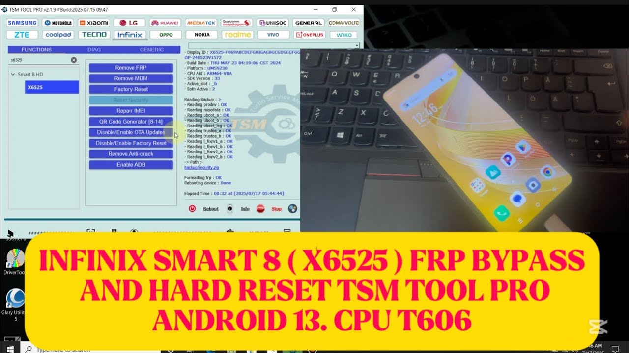 Infinix Smart 8 ( x6525 ) FRP bypass and Hard Reset by TSM TOOL PRO. Android 13 frp tool 2025. ✅❤️