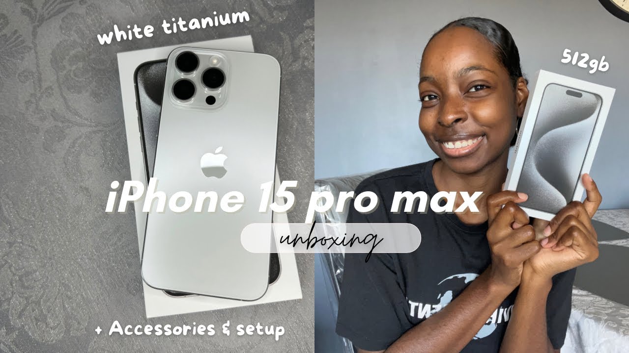 iPhone 15 pro max unboxing (white titanium) + accessories & setup