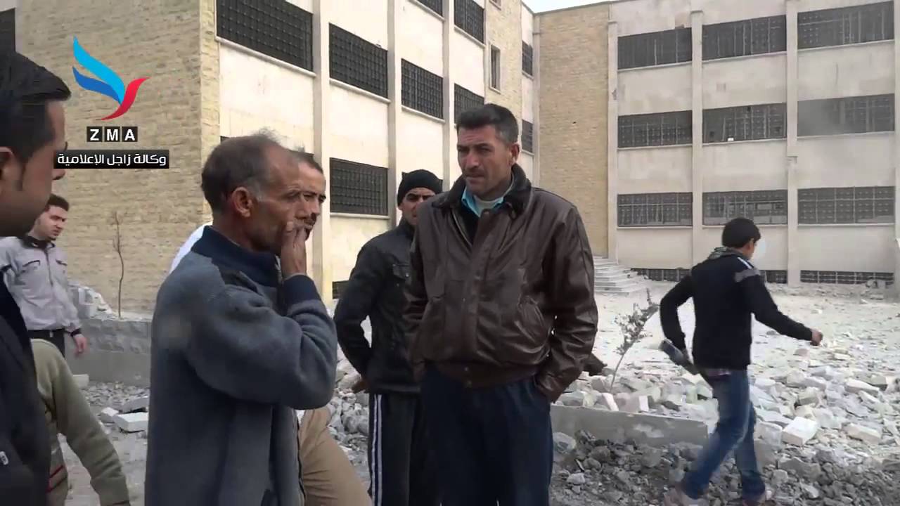 Aleppo- Al Haydariya: destruction of a school in Syrian regime warplanes shelling 19 1 2014