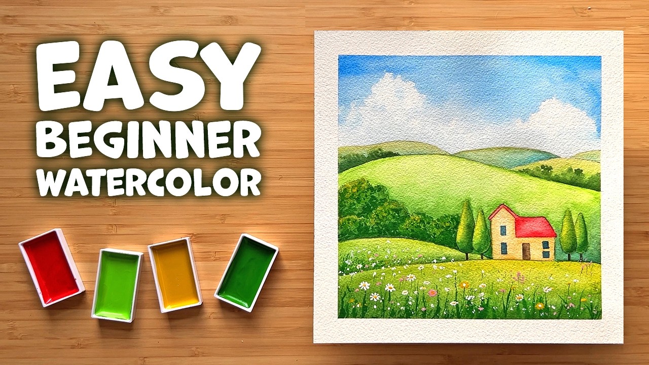 Easy Watercolor Tutorial for Beginners 🌸 Spring Landscape | Step-by-Step with Gansai Tambi