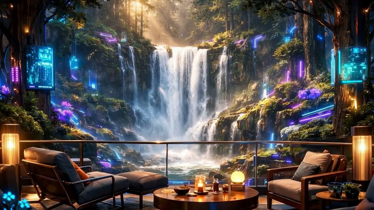 Cyberpunk Waterfall & Forest –relaxing ambient BGM–