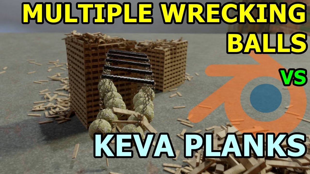Multiple Wrecking Balls vs Keva Planks With SoundFX Blender Rigid Body Physics