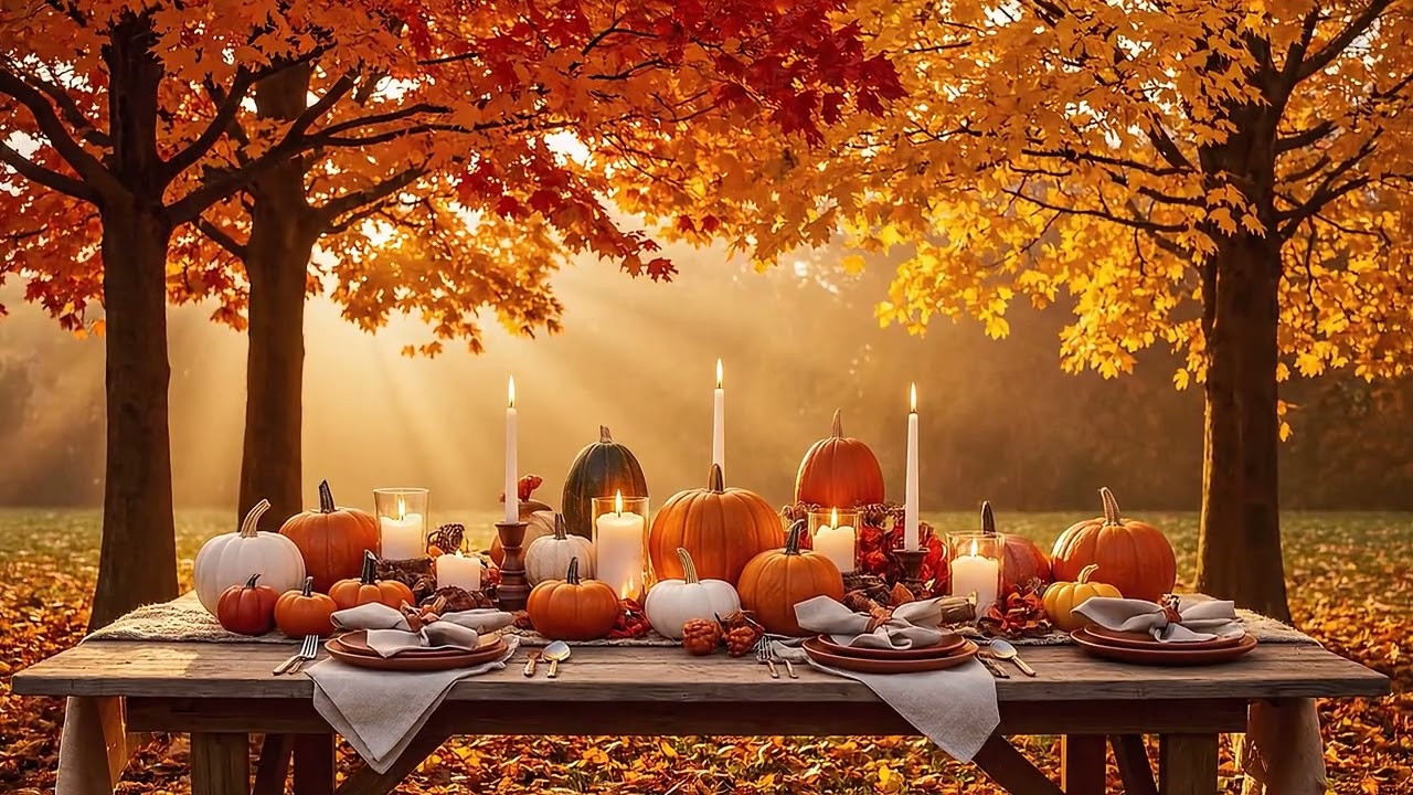 Outdoor Thanksgiving Table | 1 Hour Fall Ambience with Trees Swaying and Soft Background Music