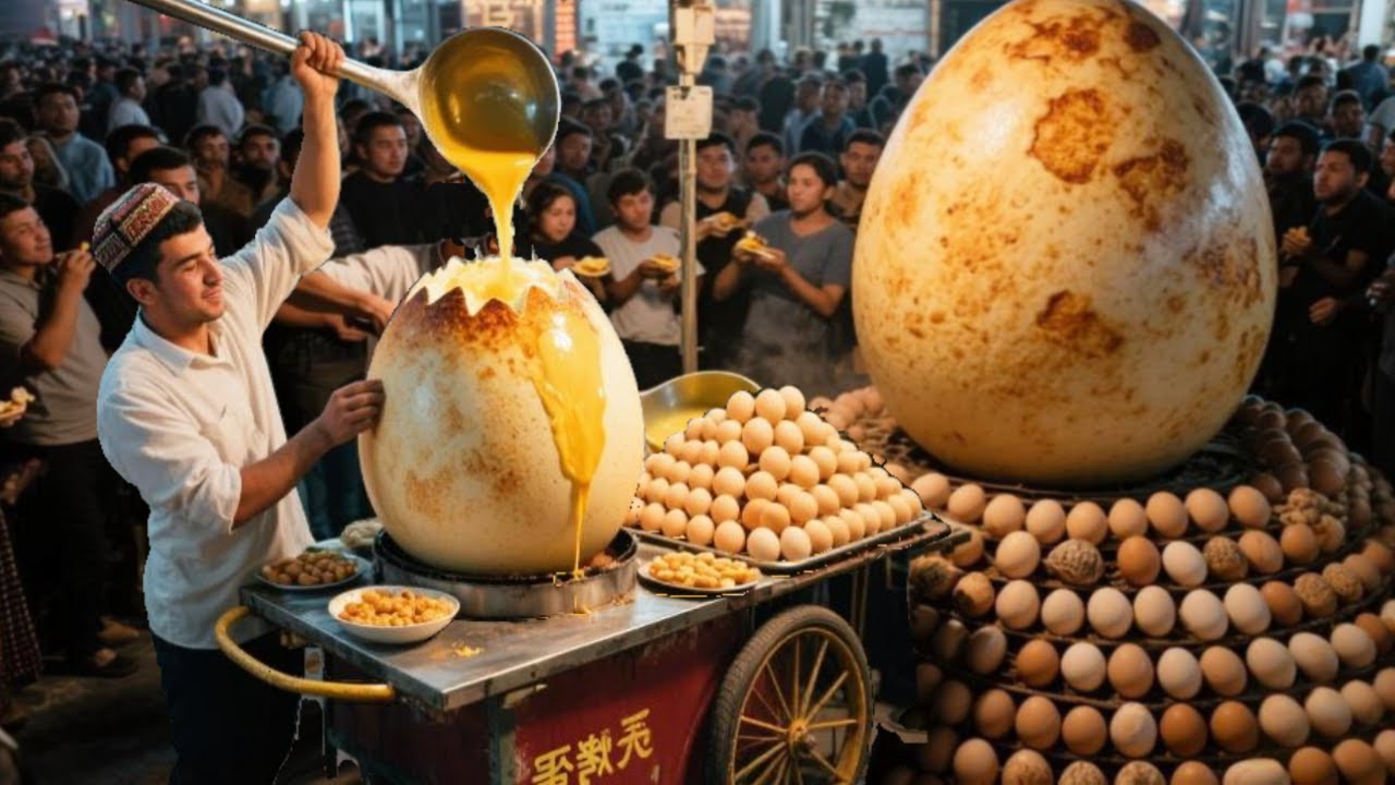 【炸裂！】新疆喀什汗巴扎夜市天价烤蛋， 300元一个鸵鸟蛋，日销百个顾客排队抢着吃