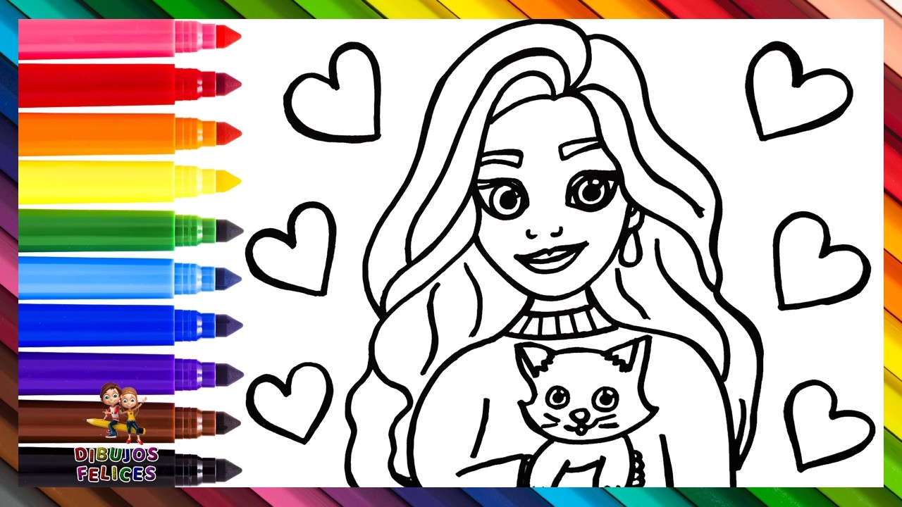 Dibuja y Colorea A Una Ni&ntilde;a Con Un Gatito 👧🐱❤️🧡💛💚💙💜🌈 Dibujos Para Ni&ntilde;os