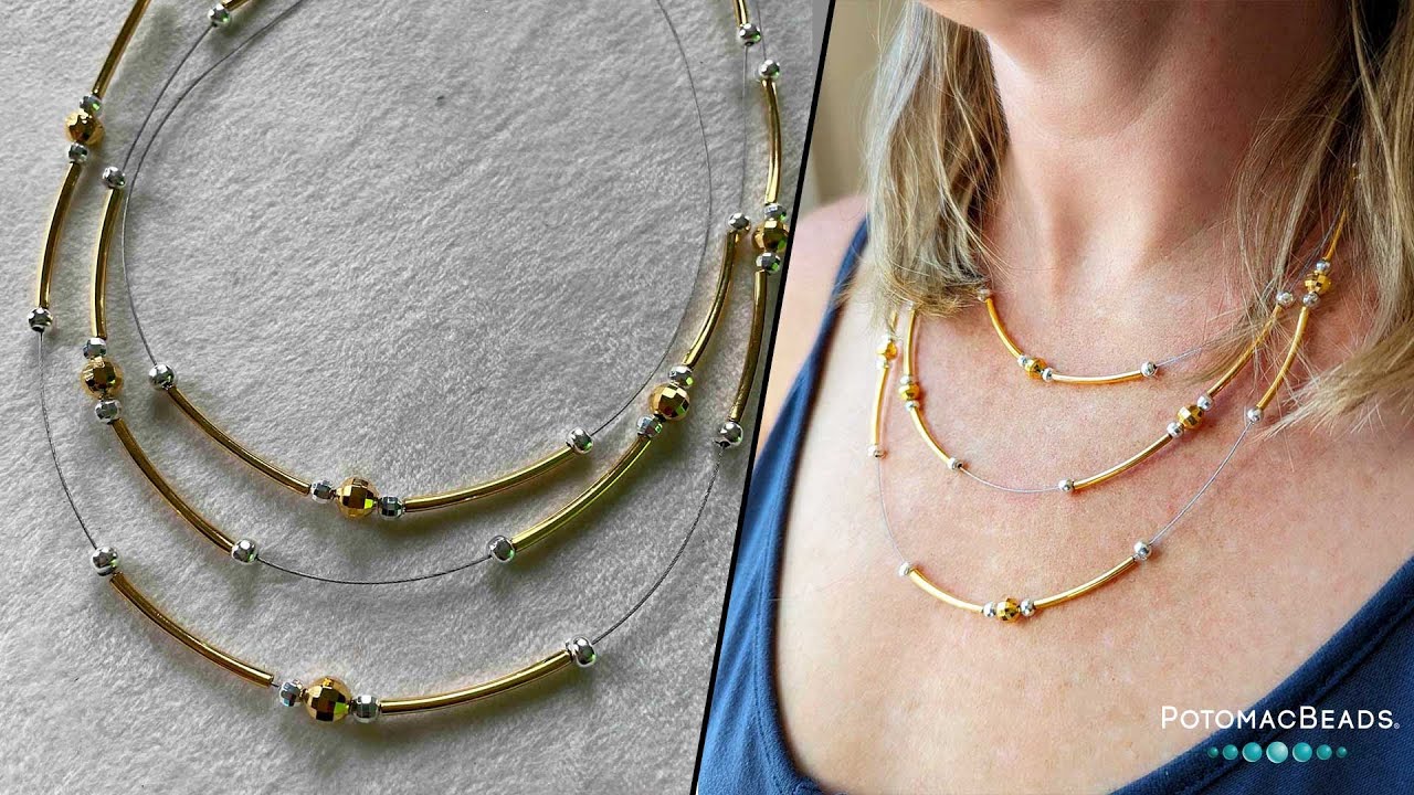 Silver and Gold Floating Wire Necklace - DIY Jewelry Making Tutorial by PotomacBeads