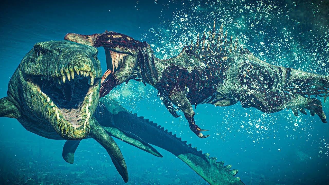Zombie Spinosaurus vs Mosasaurus & Megalodon | Best Fight Animations vs All Marine Reptiles | JWE2