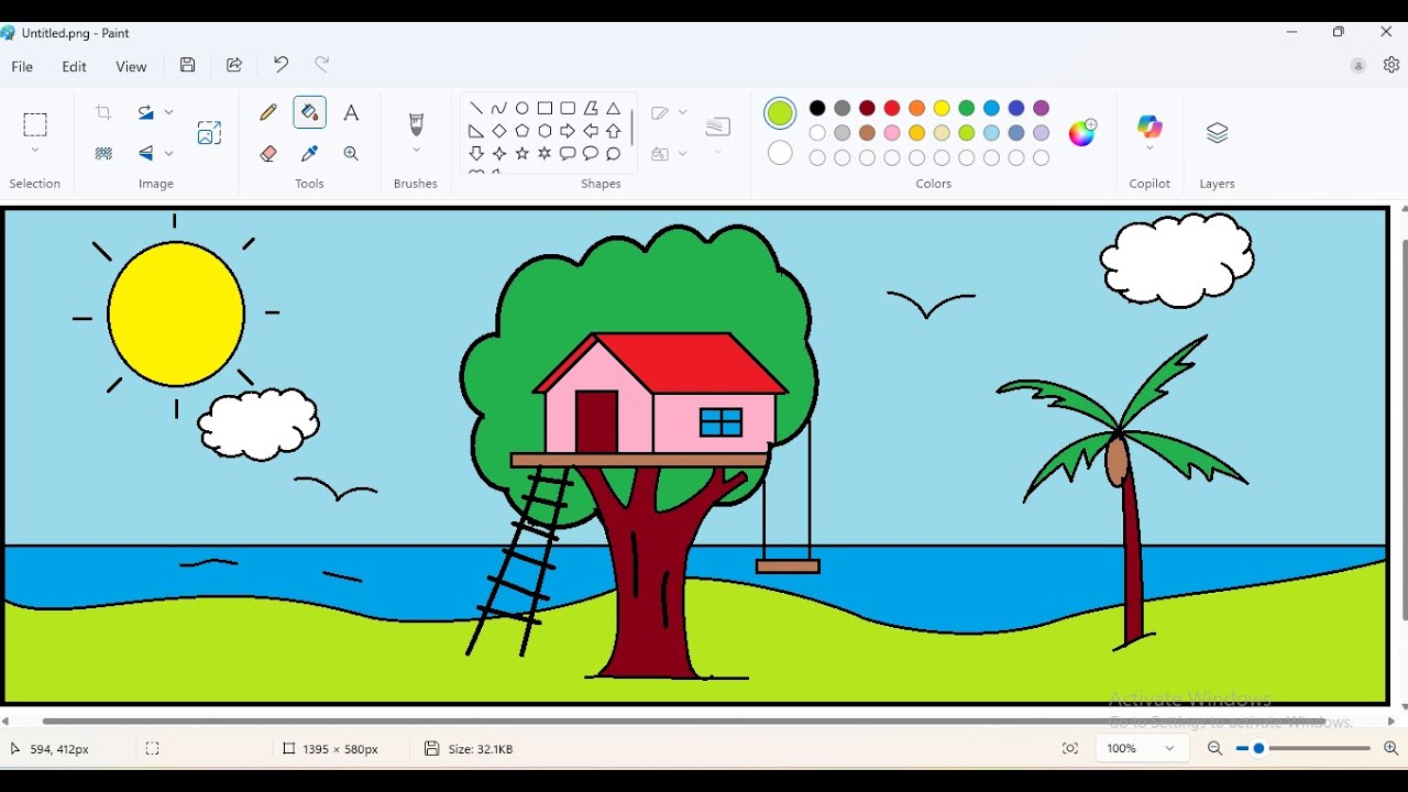 🌳 Tree House Drawing in MS Paint | Easy Scenery Drawing for Kids | Simple Art Idea for Beginners