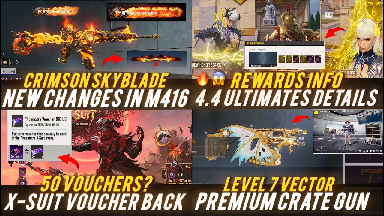 🔴 CRIMSON SKYBLADE M416 NEW KILL MSG 🔥😱GILT SET COLLECTION INFO✅ X-SUIT VOUCHER & PREMIUM CRATE GUN