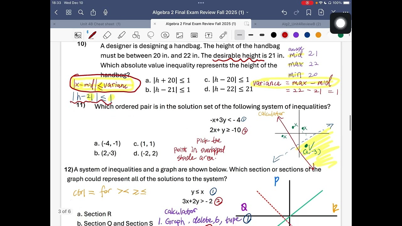 Algebra 2 Final Review Fall 2025