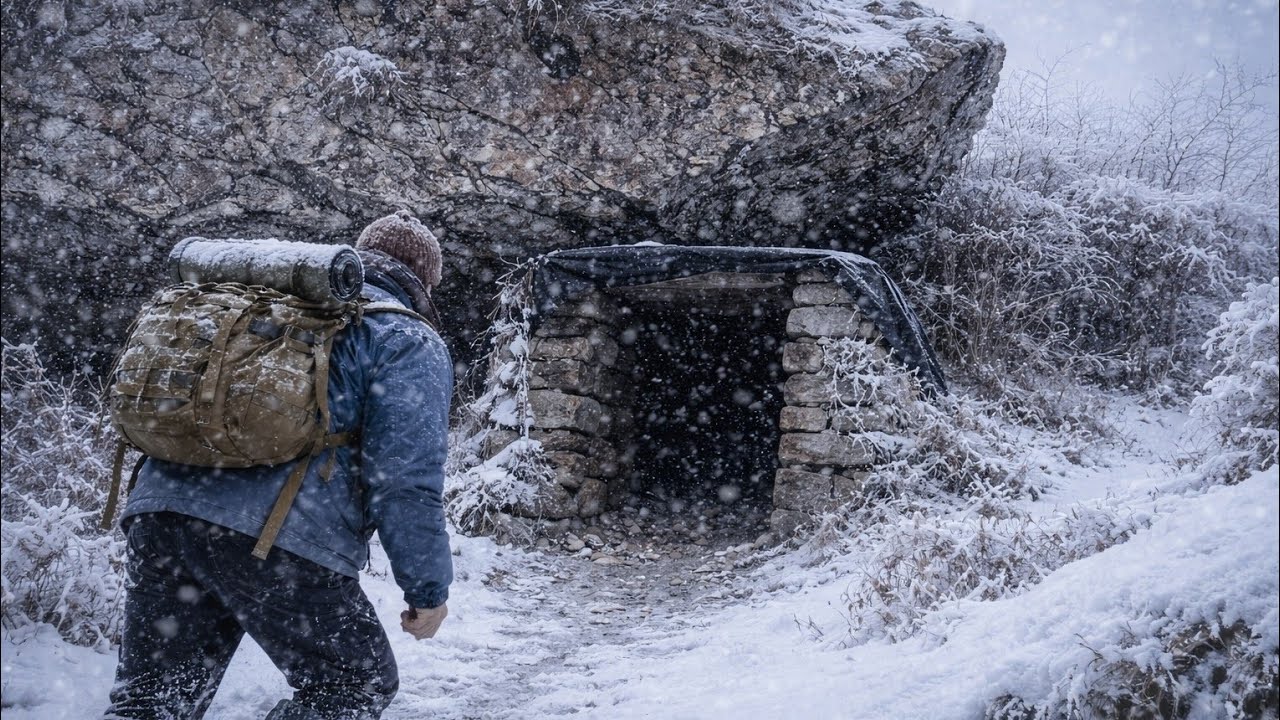 A man searches for a safe shelter to survive a snowstorm/stone shelter. 
