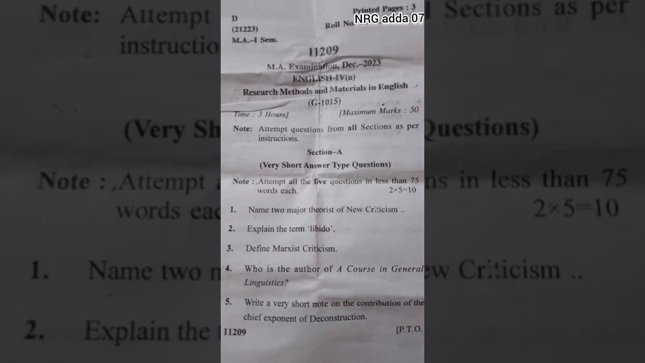 M.A 1st semester English 4th (a) last year question paper research methods and materials in english
