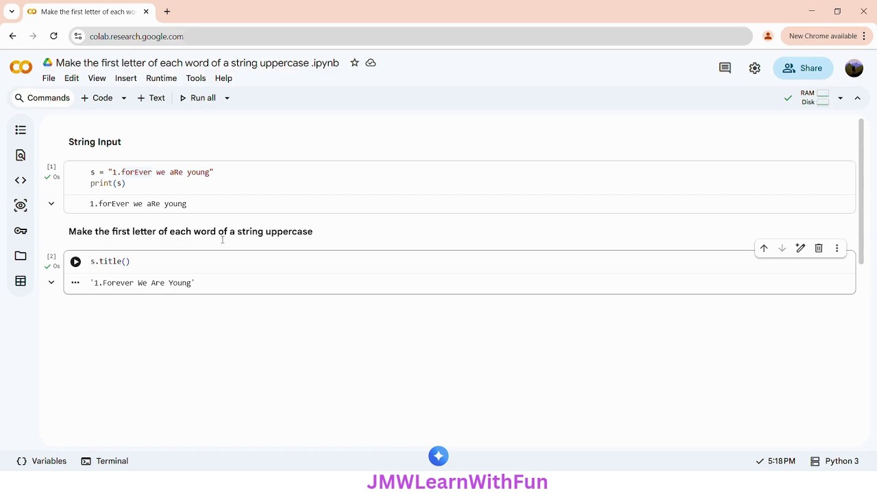 Make the first letter of each word in a string uppercase in Google Colab