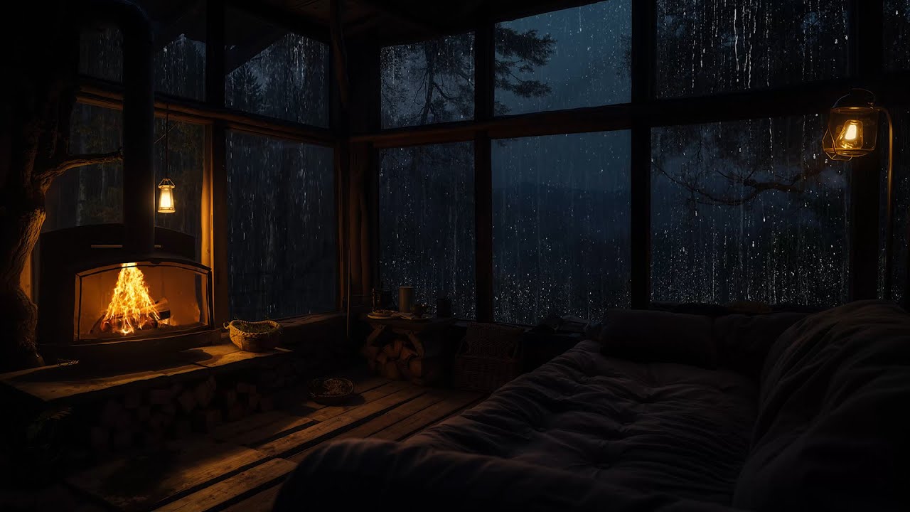 Soft Night Rain on Cabin Window | Fireplace Sounds for Deep Relaxation at Midnight