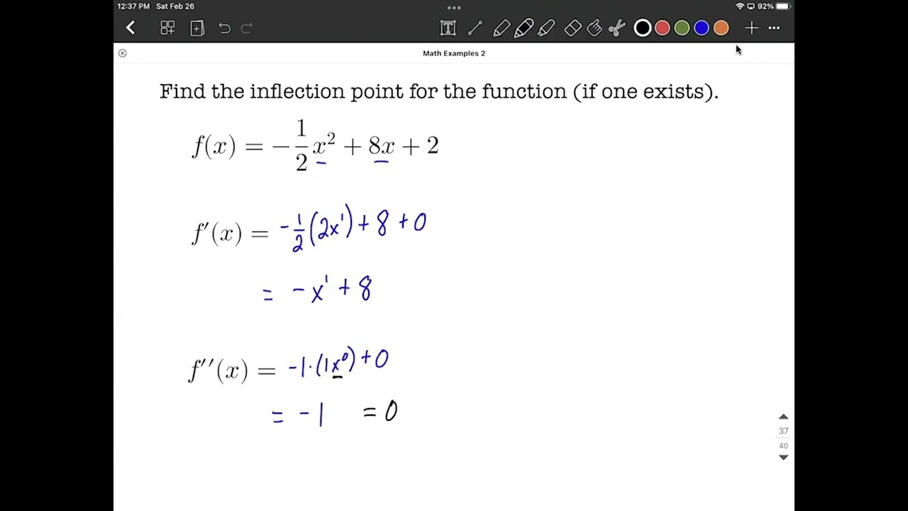 Find inflection point of quadratic function by using the 2nd derivative (if possible)