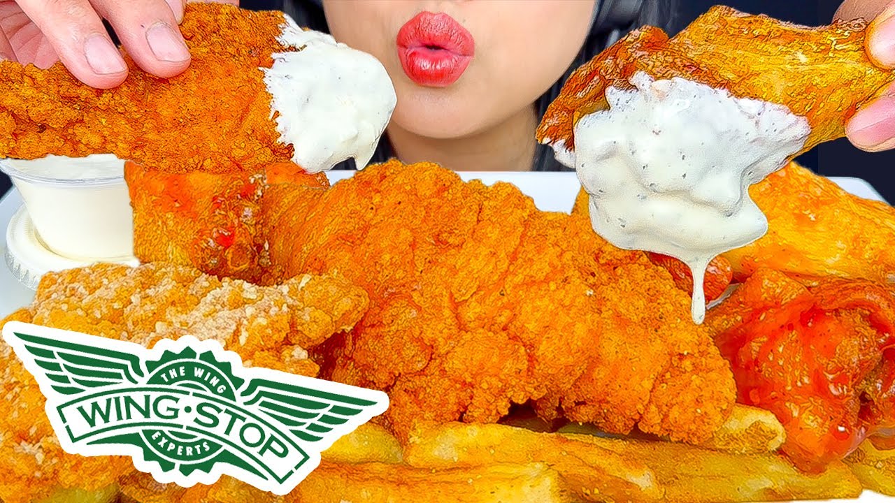 ASMR FRIED CHICKEN DIPPED IN RANCH & BLEU CHEESE FROM WINGSTOP (MUKBANG)