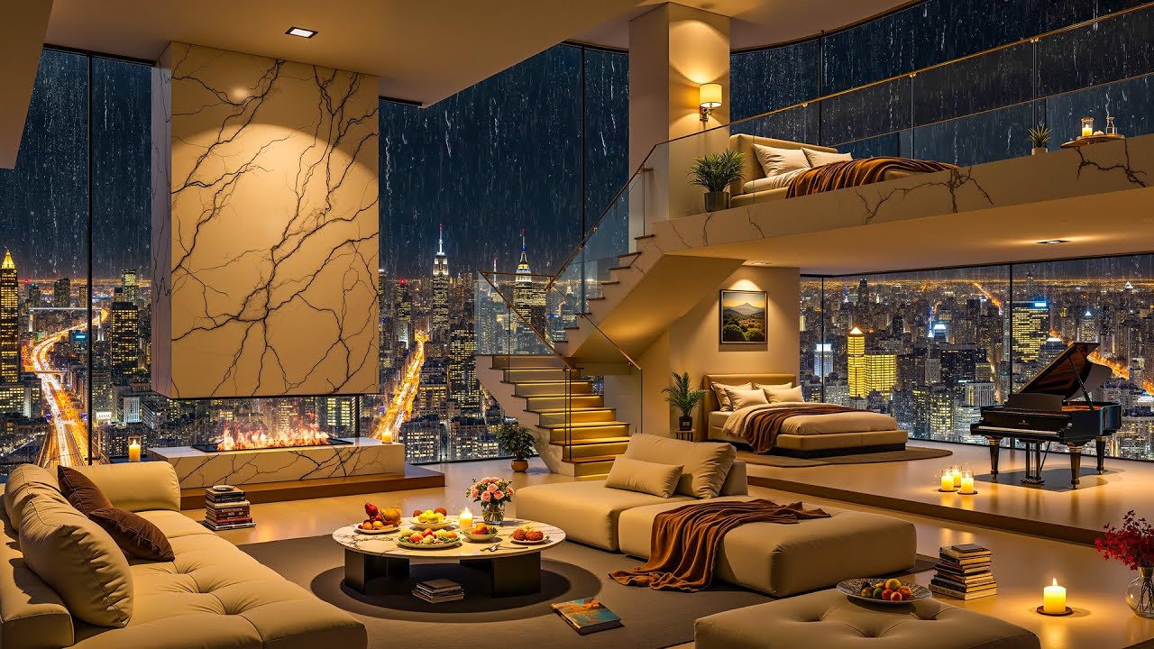 Cozy Luxury Apartment with Smooth Jazz Music 🌃 🌧️ Rainy Night Jazz for Deep Sleep, Study & Work