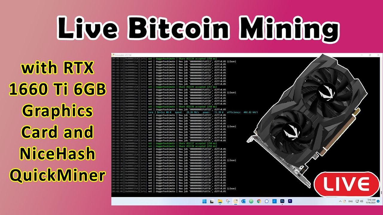 Live Bitcoin Mining with RTX 1660ti 6GB Graphics Card and NiceHash QuickMiner