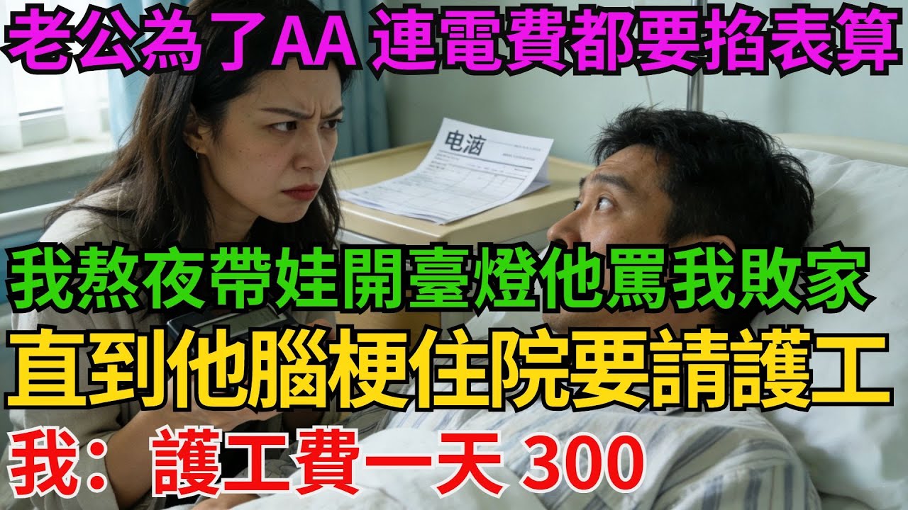 老公為了 AA 連電費都要掐表算，我熬夜帶娃開臺燈他都要罵我敗家，直到他腦梗住院要請護工，我拿出計算器：「護工費一天 300，你那點退休金夠住幾天？」【阿馨夜讀】#故事分享#情感#婆媳矛盾#AA制