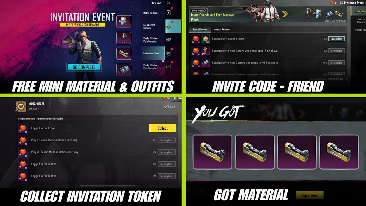 😍 Free Mini Material & Outfit | BGMI New Invitation Event | How To Invite & Collect Invitation Token
