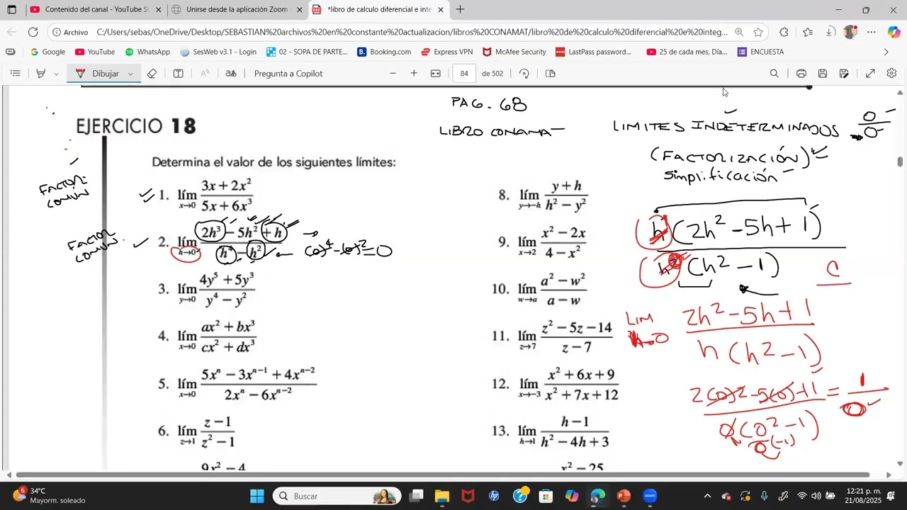 TEMA: LIMITES INDETERMINADOS  0/0 (FACTORIZACION), EJERCICIOS EXPLICADOS CALCULO LIBRO CONAMAT