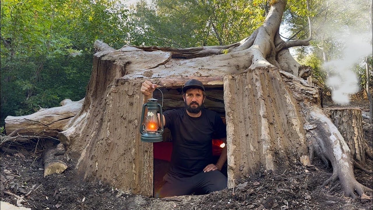 Building a Warm Secret Shelter Under a Fallen Tree | Bushcraft & Survival