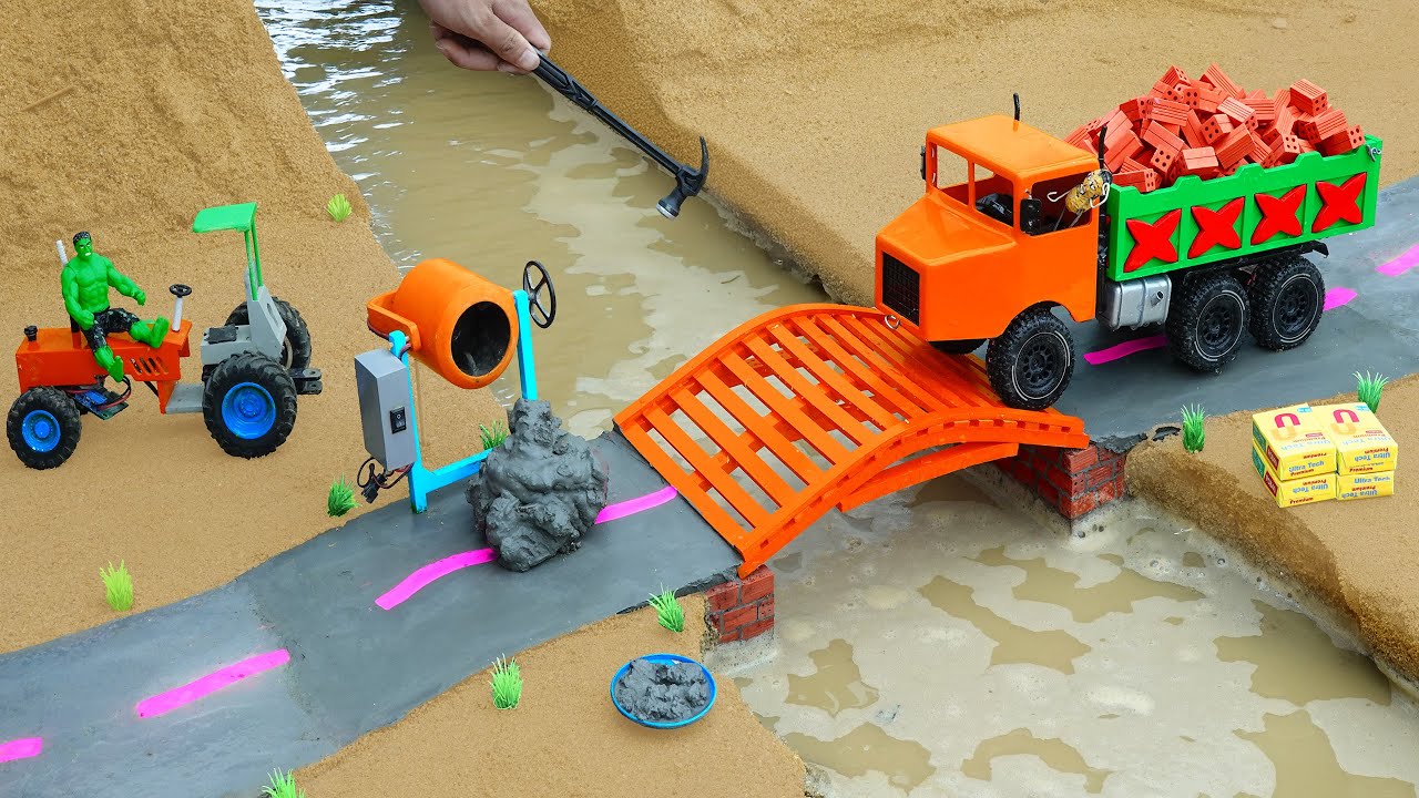 DIY Mini Truck Builds Brick & Metal Railing Bridge | Fun Construction Science Project