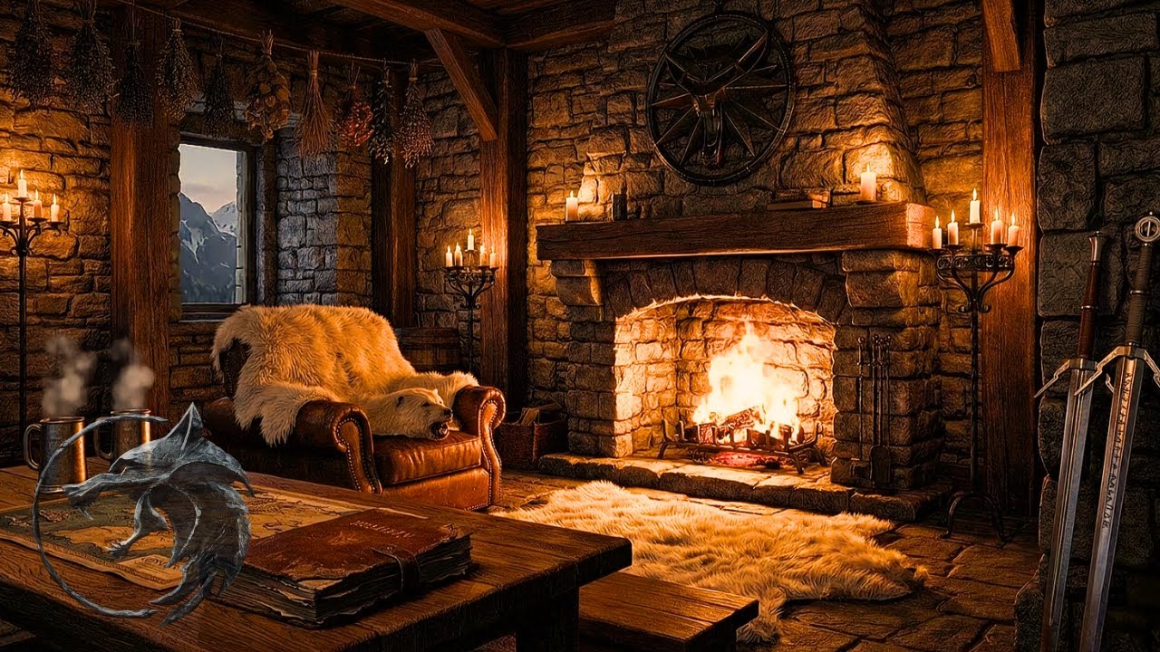 Cinematic Winter Castle ❄️ Witcher Style Fortress | Blizzard, Crackling Heath For Sleep & Study