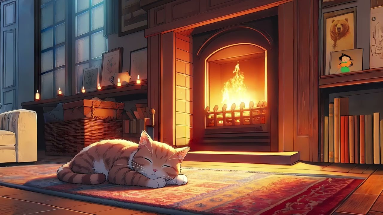 Cozy Fireplace with Purring Cat | Relaxing Ambience 🔥🐱