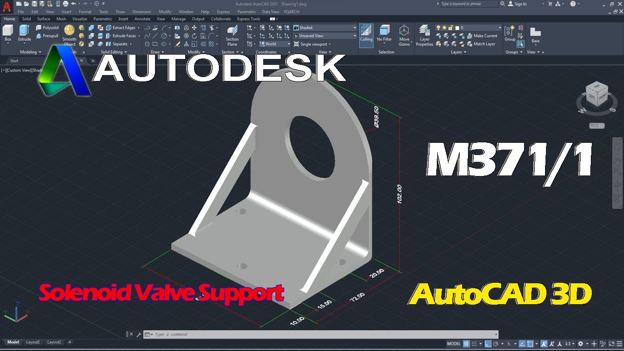 AutoCAD 3D, How to draw solenoid Support, 3D Modeling, AutoCAD tutorial, Autodesk, sketch