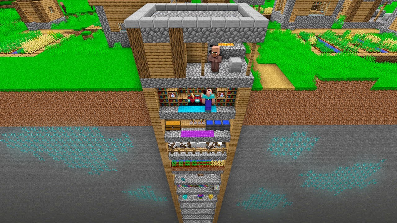 HOW NOOB BUILD UNDERGROUND SKYSCRAPER BASE UNDER VILLAGER HOUSE? Minecraft NOOB vs PRO 100% TROLLING