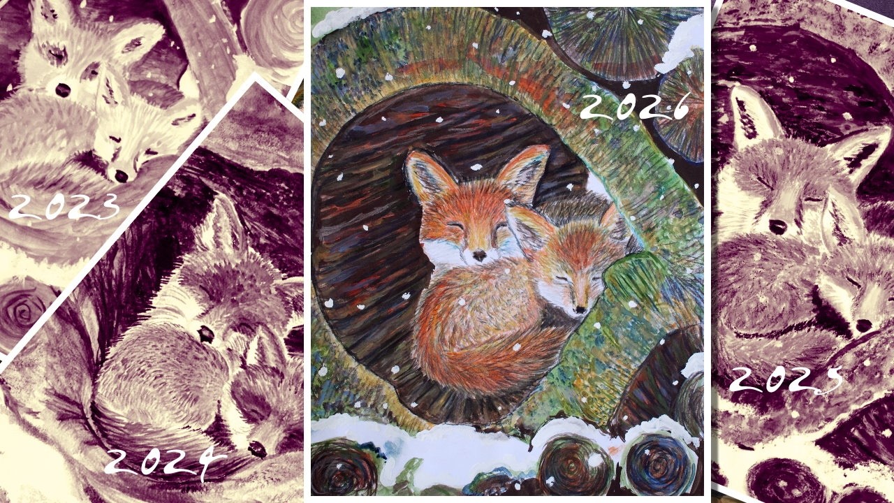 Winter Gouache Painting Progress: Two Foxes Sleeping in Tree – Annual Art 2026