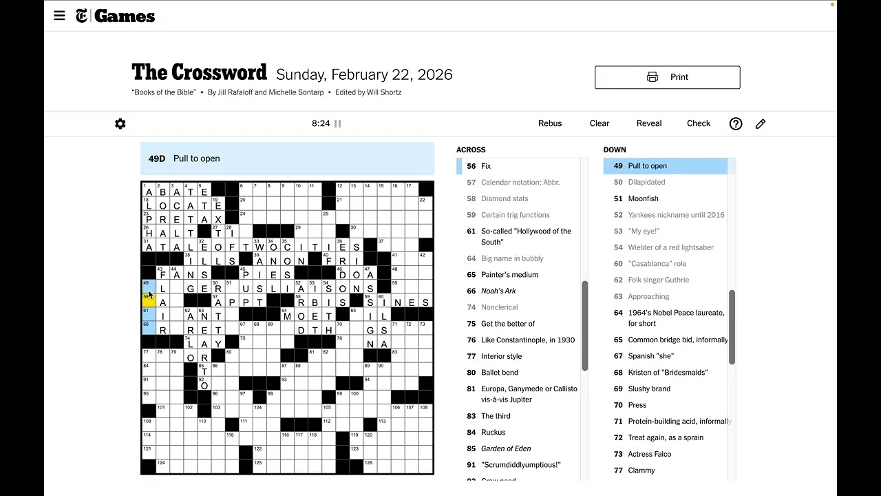 New York Times Crossword Solve - Sunday Feb 22 2026