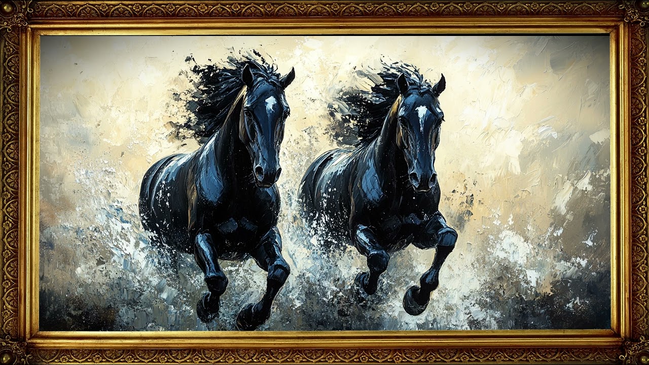 TANDEM | Vintage TV Oil Art Horse Painting | Gold Frame TV Art | Art Screensaver for TV 2 hrs