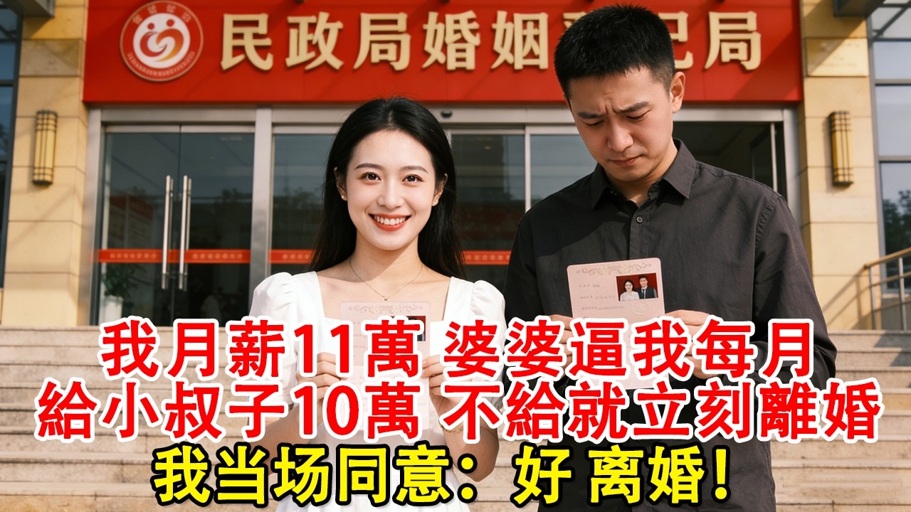 【春節快樂】我升職月薪漲到11萬婆婆逼我每月給小叔子10萬，不給就立刻離婚。丈夫勸我：按媽說的做。我當場同意：好 離婚！#婆媳 #家庭 #婚姻 #情感 #情感故事 #故事 #家庭故事 #家庭倫理