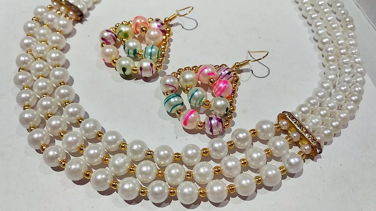 Pearl Necklace | Easy 3 Layer Pearl Chain | How To Make Jewellery | Onam Special | Shabna's Designs