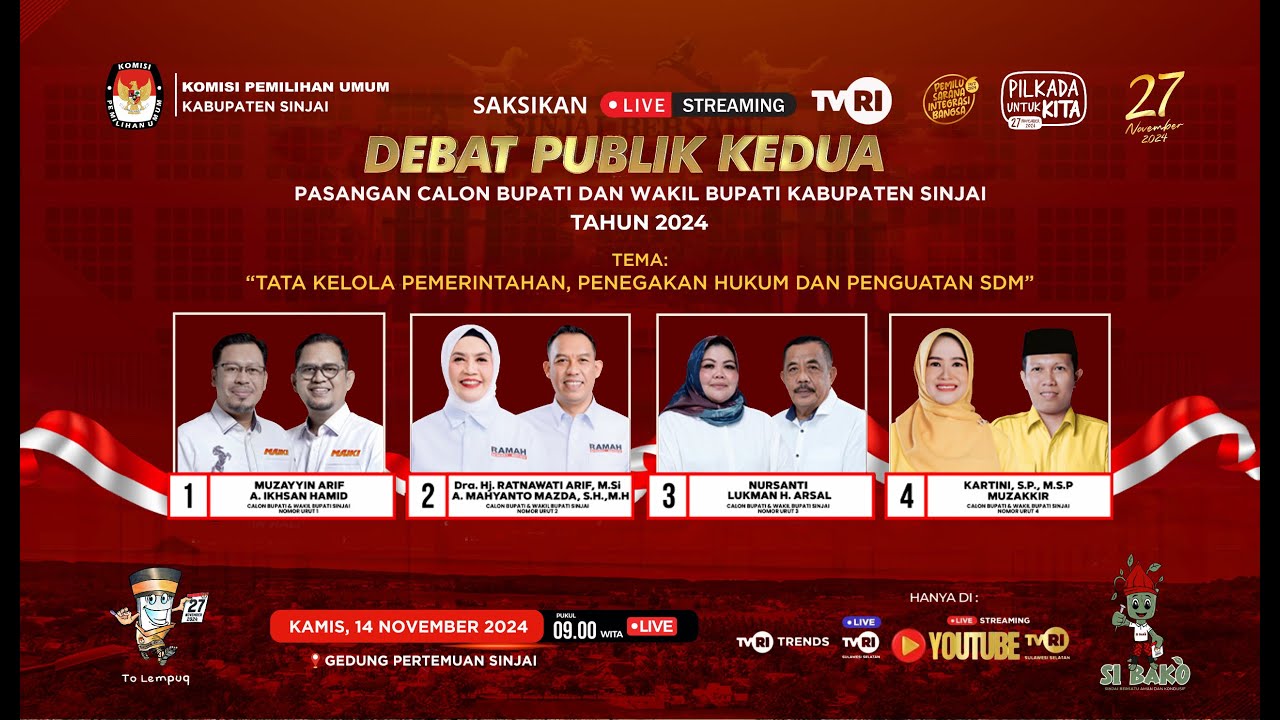 🔴Live Debat Publik Kedua Pasangan Calon Bupati & Wakil Bupati Kab. Sinjai 2024 | TVRI Sulsel