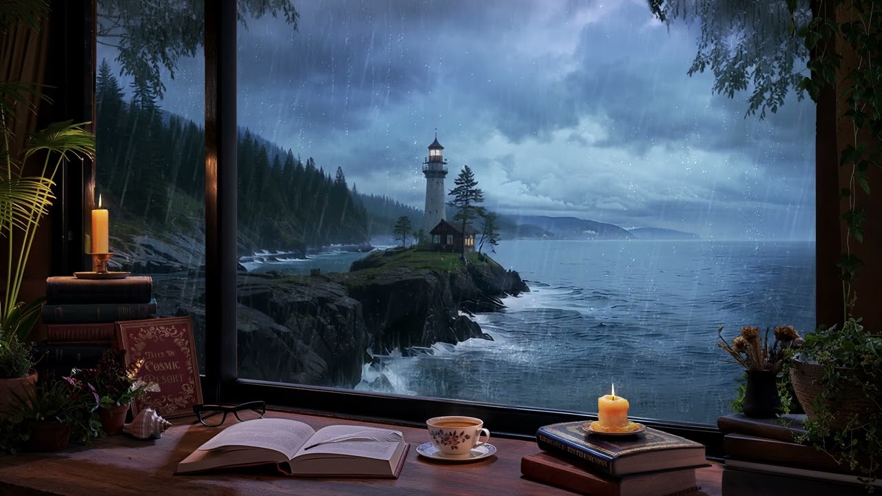 Cozy Lighthouse Study Room Ambience 🌧️ Rain & Distant Thunder Sounds for Focus, Study, Relaxation