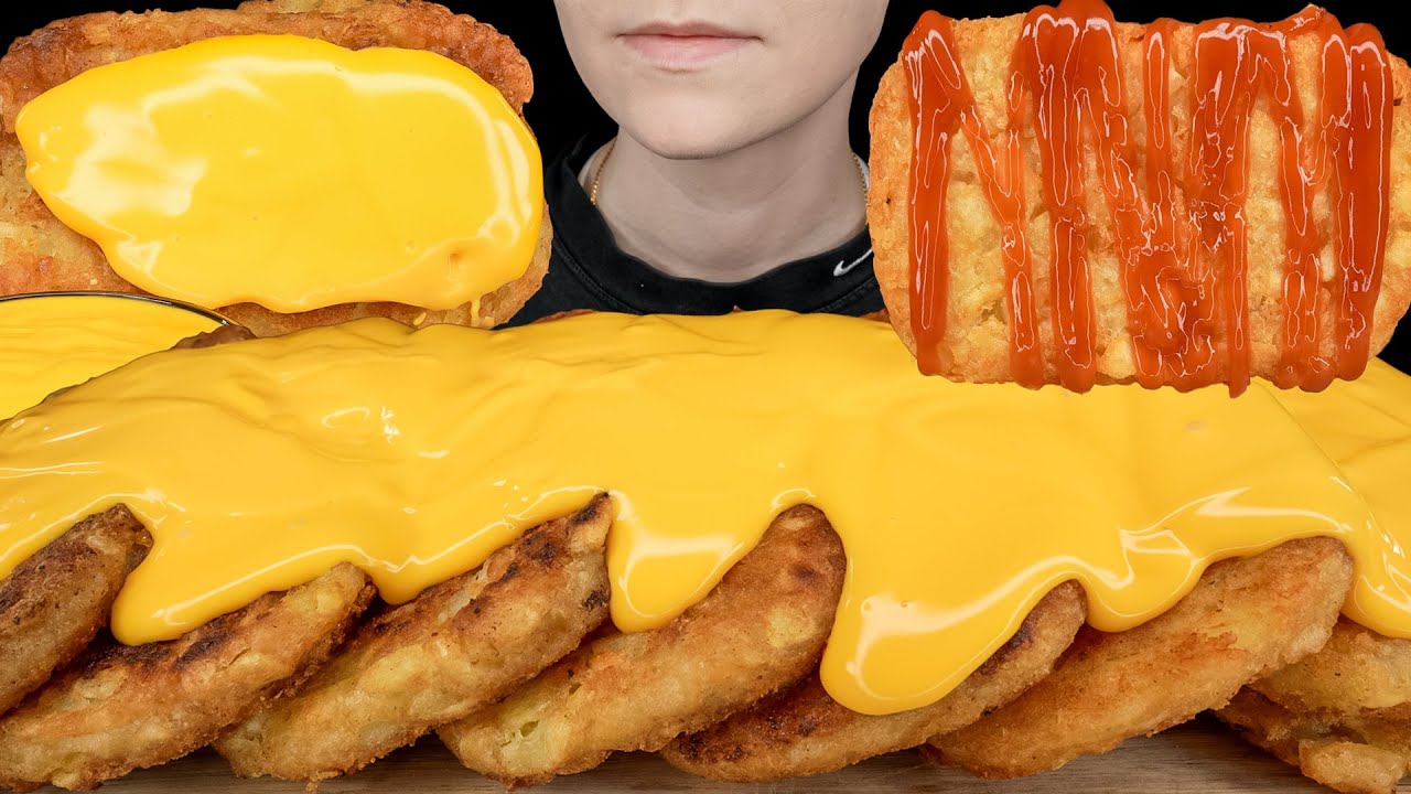 ASMR Cheesy Buttery Pan Fried Hash Browns Eating Sounds