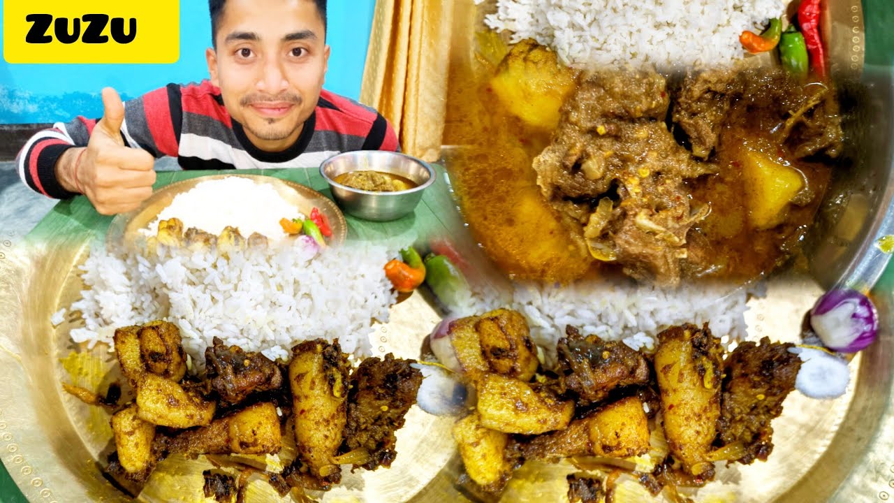 ☘️Happy Bhogali Bihu☘️ Pork dry fry🥰and mutton curry🐷with rice || @BikashRay-b7p #facebook #mukbang 