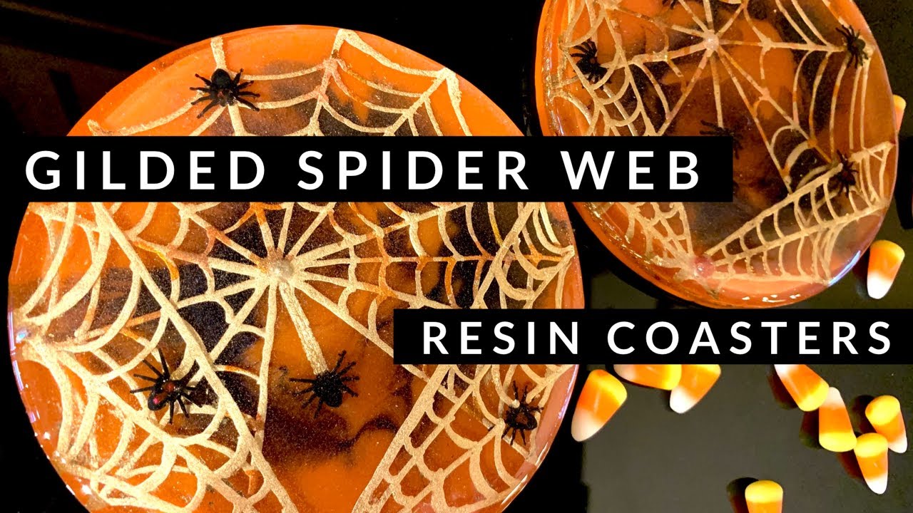 Resin Coasters with spider webs made with gilding flakes, spooky spiders for Halloween!